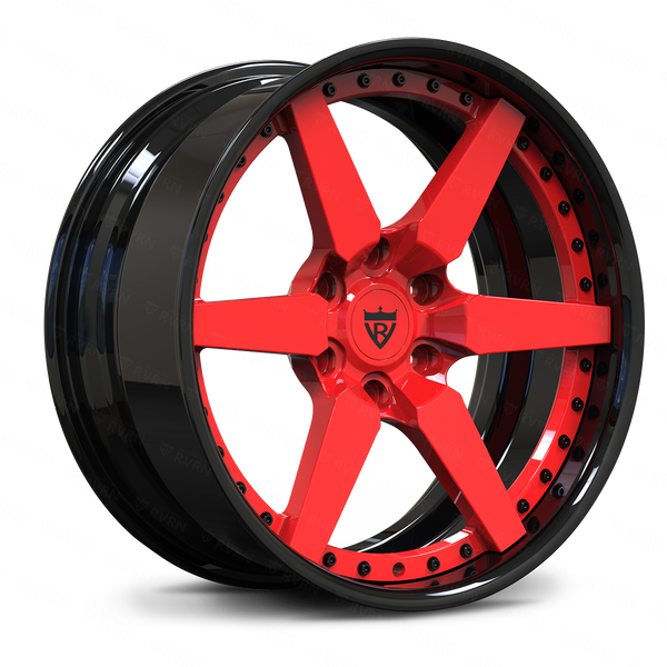 Red RVRN RV-DF14 performance 6 lug forged rims for Ford GT and Dodge Viper inspired supercar builds