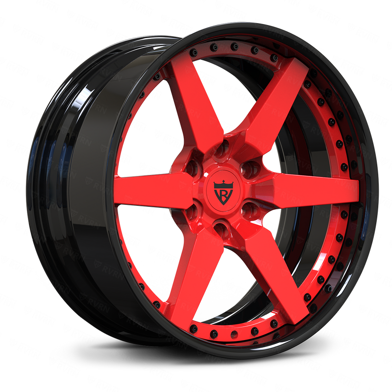 Red RVRN RV-DF14 performance 6 lug forged rims for Ford GT and Dodge Viper inspired supercar builds