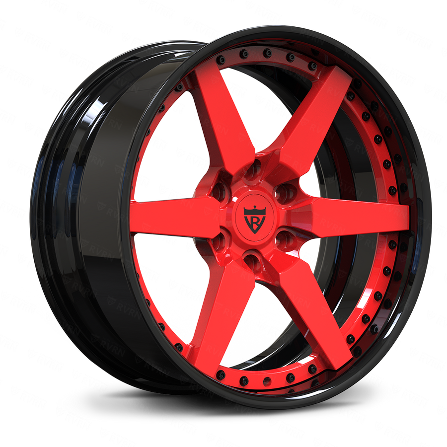Red RVRN RV-DF14 performance 6 lug forged rims for Ford GT and Dodge Viper inspired supercar builds