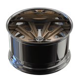 RVRN RV-DF67 forged deep dish Mustang wheel in bronze with chrome, custom 2-piece old school wheel design for classic performance builds