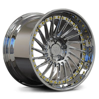 RV-DN01 AMG GT deep dish directional-spoke wheel in chrome with gold hardware