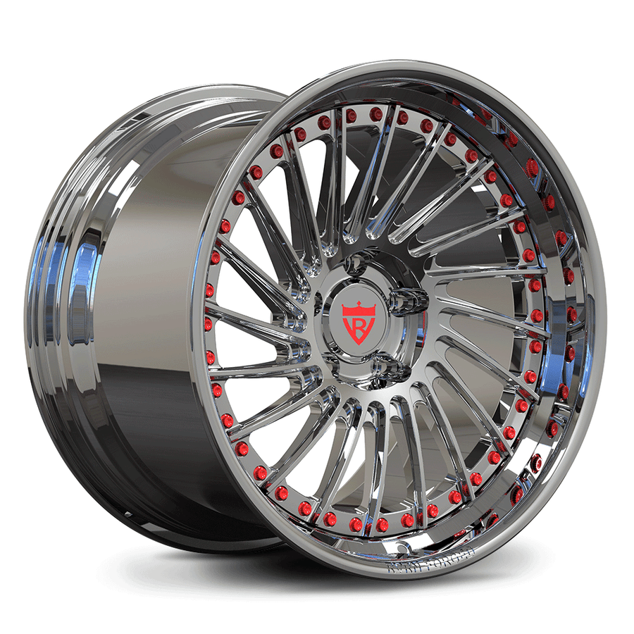RVRN Wheels RV-DN01 custom forged 2-piece deep dish directional multi spoke wheel for C7 Corvette, chrome finish, lightweight performance wheel designed for custom Corvette builds and precise fitment.