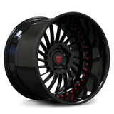 CUSTOM FORGED 2-PIECE DEEP LIP WHEEL in black finish, featuring intricate spoke design and deep dish rim. Perfect for custom vehicles.