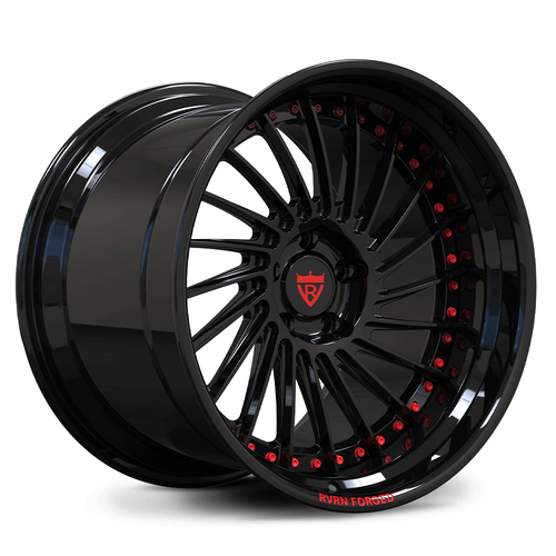 Custom forged deep dish directional rims with step lip, black finish, and red accents for a sporty look.