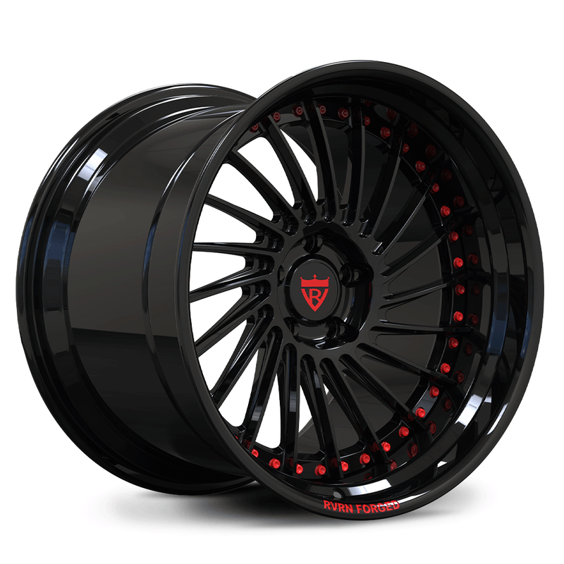 Custom forged deep dish wheels with step lip, black finish, and red accents for a sporty look.