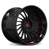 Custom forged deep dish wheels with step lip, black finish, and red accents for a sporty look.