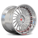 Custom forged 2-piece deep dish wheels with step lip design, showcasing a polished finish and red accents.