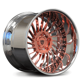 Custom forged 2-piece deep lip wheel in rose gold and chrome  finish, showcasing intricate design and craftsmanship.