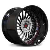Custom forged 2-piece deep lip wheel, black finish, designed for high performance and aesthetics, ideal for deep dish rim enthusiasts.