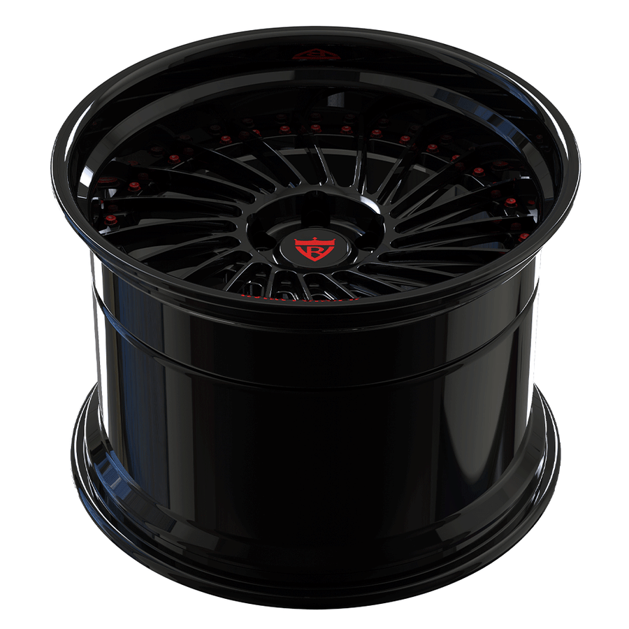 Custom forged 2-piece deep dish wheels in black with stepped lip design, ideal for Corvette and performance vehicles.