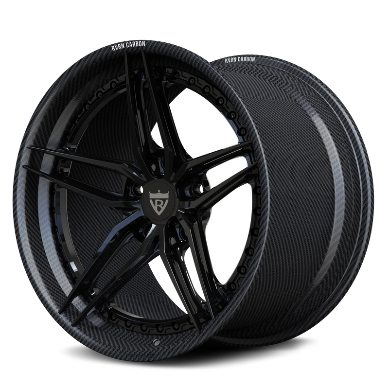 RVRN RV-DP03 CF real carbon fiber 5-star step lip forged wheel with gloss black center