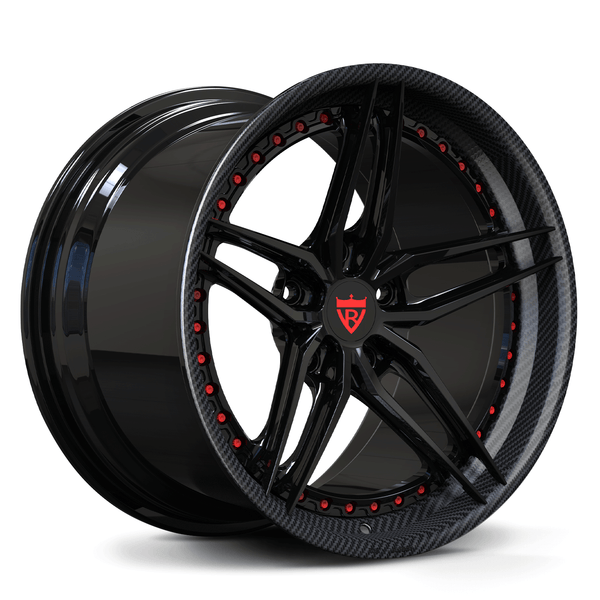 RVRN RV-DP03 custom forged Porsche 911 5 spoke rims with carbon fiber barrel and black finish designed for lightweight performance and custom fitment