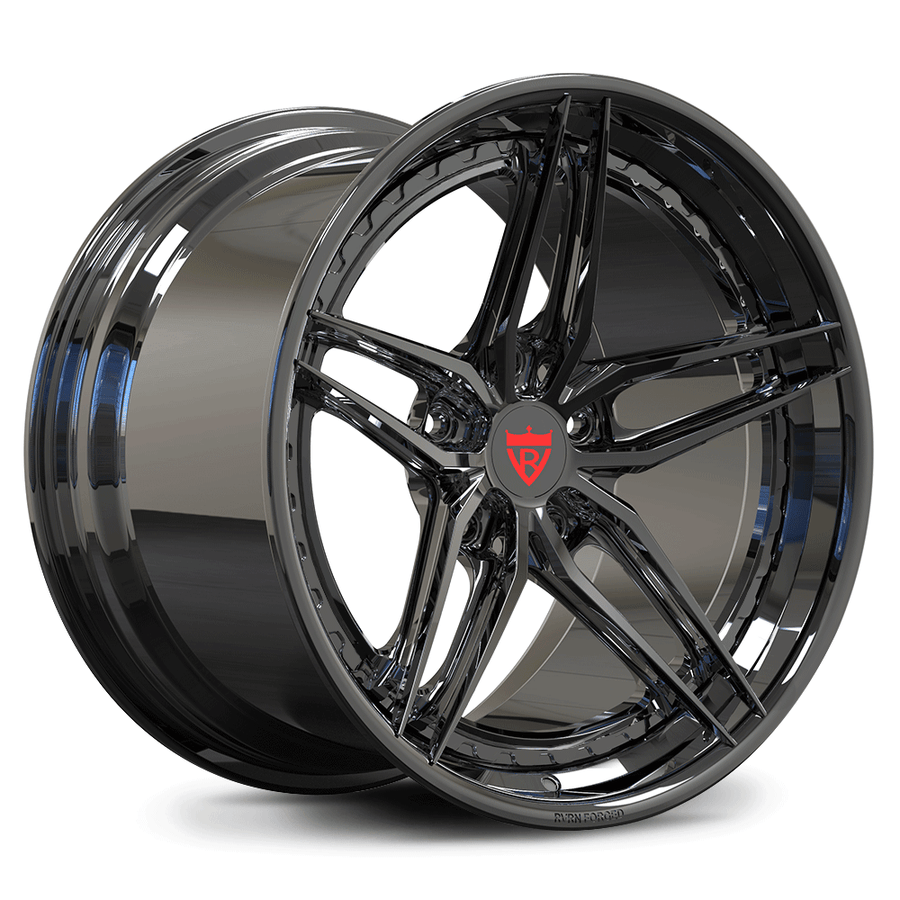 RVRN RV-DP03 forged 5 spoke wheel detail for Corvette C8 Z06, gold with chrome finish and refined 2-piece custom wheel design