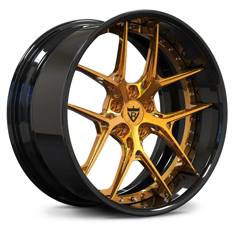 RVRN RV-DR08 black 2-piece forged wheel with dark gold accents and a deep dish multi-spoke face for a performance SUV build
