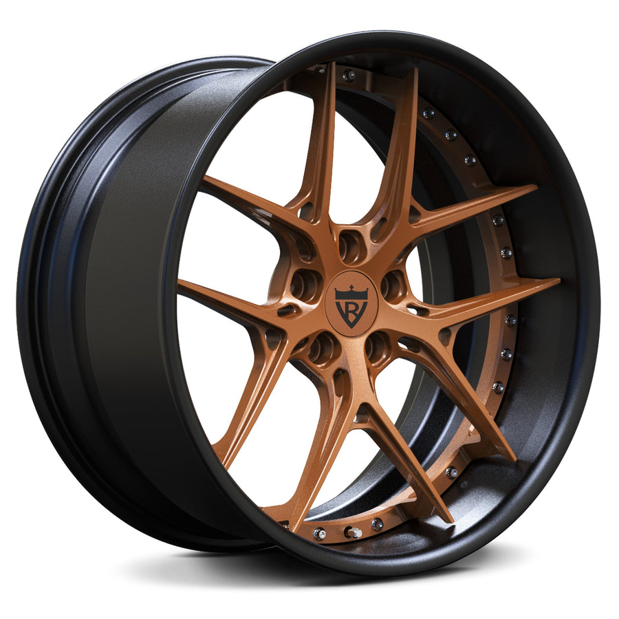RVRN RV-DR08 lightweight forged deep dish Y spoke wheels for Chevrolet Chevelle finished in Black and Copper