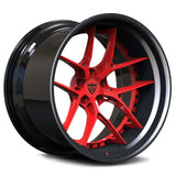 RVRN RV-DR08D forged BMW M5 wheels in red with carbon fiber lip, custom deep concave carbon fiber wheels