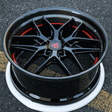 RVRN RV-DR08D custom forged truck rims with carbon fiber lip, Y spoke face and deep lip fitment, black and red finish for GMC Sierra 1500