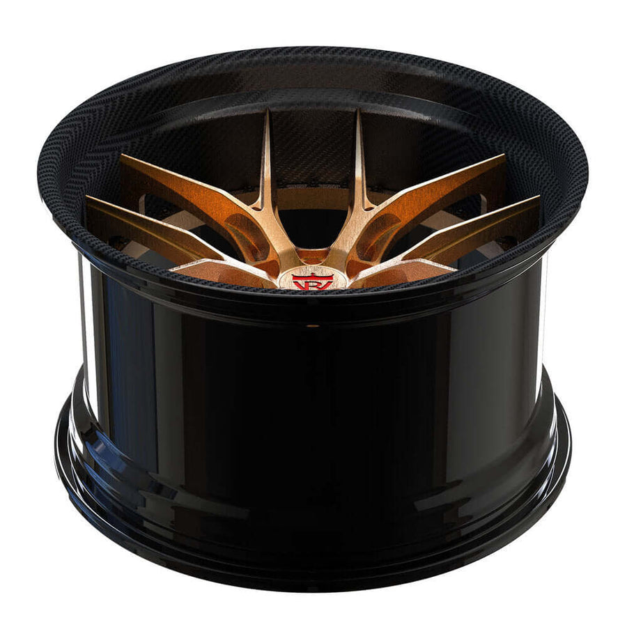 Forged step lip deep lip concave rims for BMW M3, M4, custom forged 2-Piece Wheels in Bronze face, carbon fiber wrapped lips. 