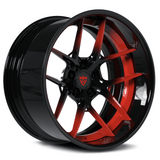 RVRN RV-DR08D custom forged deep dish Y spoke wheels in black and red for Chevrolet Camaro ZL1 aggressive fitment