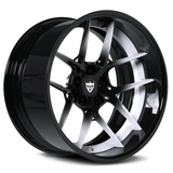 Custom 2-piece forged RV-DR08D wheels with hidden screws for Dodge Challenger Hellcat in black and white finish by RVRN Wheels