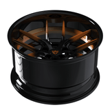 RVRN RV-DR08D custom forged deep dish Y spoke wheels in black and orange for Dodge Charger SRT Hellcat performance build