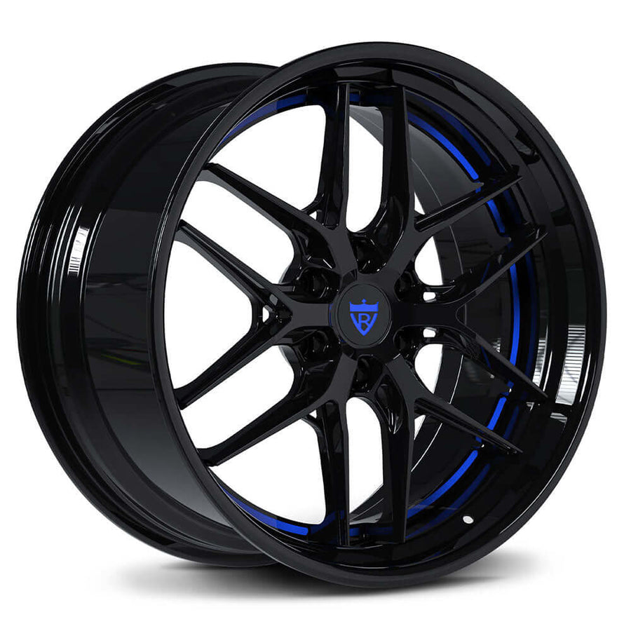RVRN RV-DR08D custom forged truck wheels featuring hidden screws and deep lip construction, black and blue finish for RAM 1500