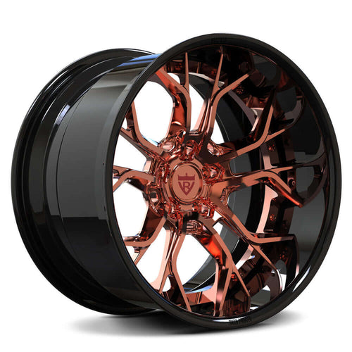 RVRN RV-DR16 custom forged rose gold rims featuring deep dish wheels design for Ford Mustang applications, lightweight performance wheel engineered with custom forged construction