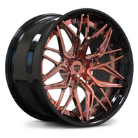 Custom RV-DR19 forged BMW wheels in polished rose gold and black finish featuring aggressive Y spoke architecture