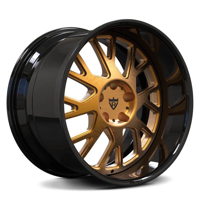 RVRN RV-DR23 custom forged 2-piece deep dish Y spoke wheel for Mustang Dark Horse, featuring bronze spokes and a gloss black barrel with an old-school design