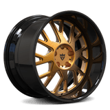 RVRN RV-DR23 custom forged 2-piece deep dish Y spoke wheel for Mustang Dark Horse, featuring bronze spokes and a gloss black barrel with an old-school design