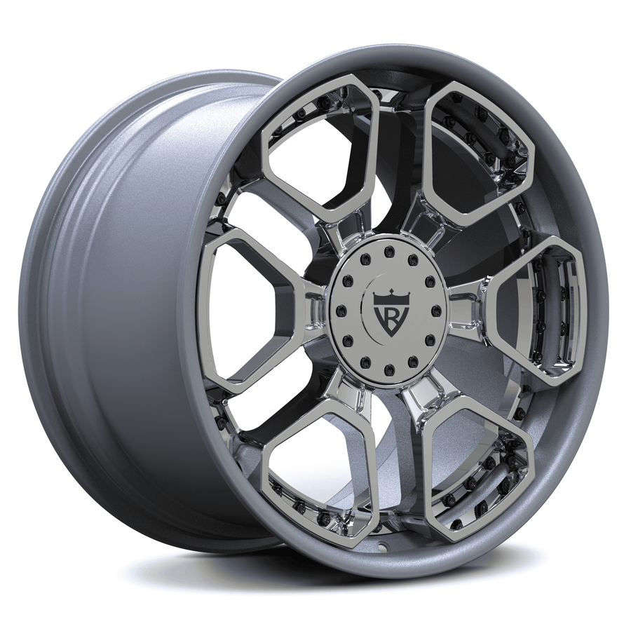 RVRN RV-DR28 custom forged 2-piece Dodge Dakota rims in gray and polish finish, premium 6 lug rims engineered for lightweight performance and custom truck fitment