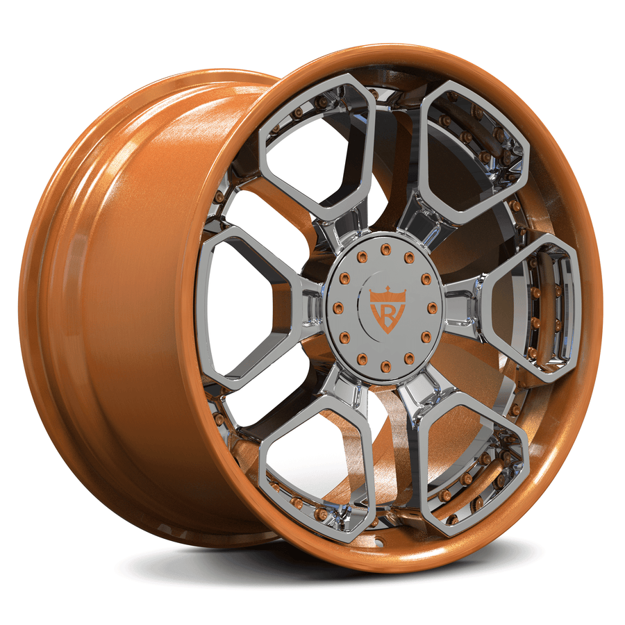 Bronze and polished RV-DR28 forged wheels by RVRN, custom-built 6 lug rims designed for personalized truck applications