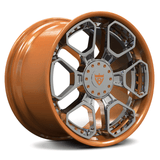 Bronze and polished RV-DR28 forged wheels by RVRN, custom-built 6 lug rims designed for personalized truck applications