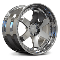 Chrome step lip forged wheel side profile – RVRN 2-piece forged design with gold rivets.