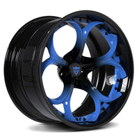 Custom forged wheel in black and blue finish, perfect for Tesla aftermarket upgrades and custom wheels.