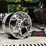 Custom forged RVRN wheels showcased in chrome finish, designed for performance and style in various vehicle applications.