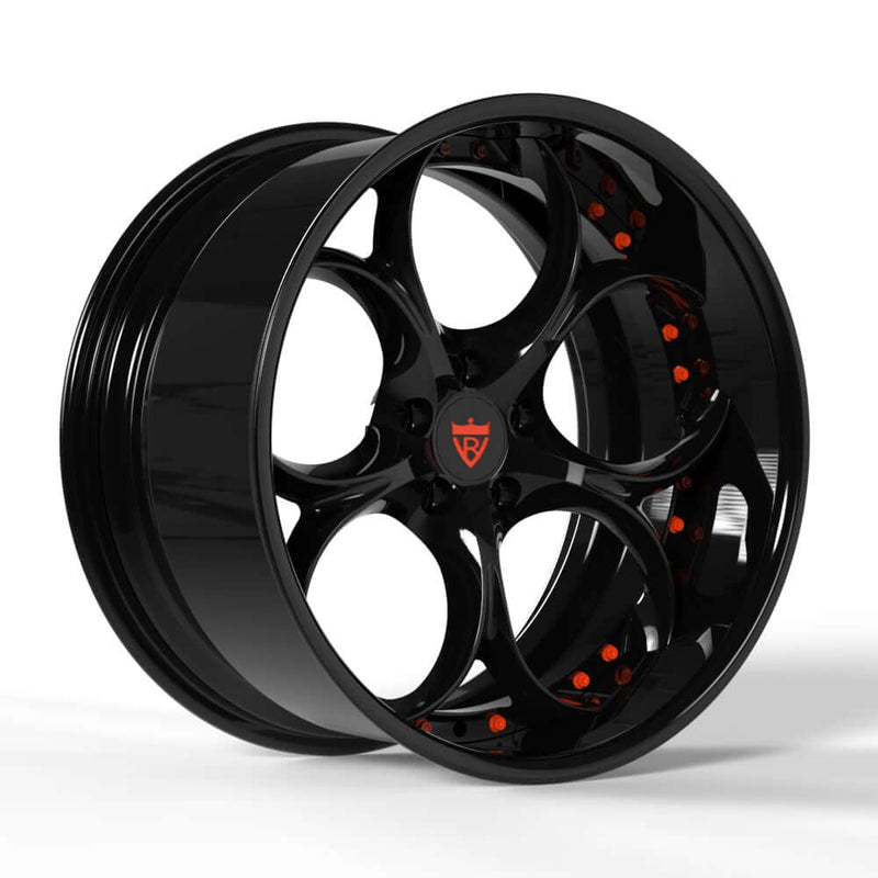 Custom forged deep lip wheel RV-DS016 in black finish with six spokes and orange accents, perfect for modern vehicles.