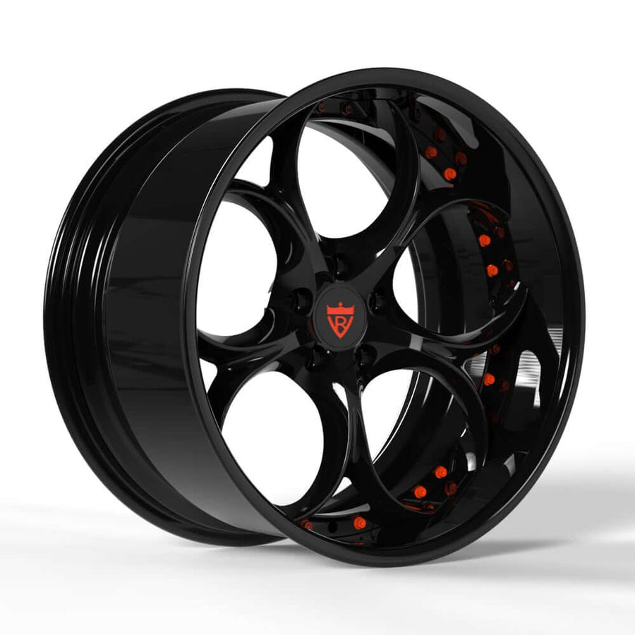 Custom forged deep lip wheel RV-DS016 in black finish with six spokes and orange accents, perfect for modern vehicles.
