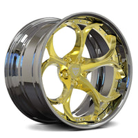 RVRN RV-DS016 chrome with gold Tesla Model S rims featuring custom 2 piece forged wheel styling