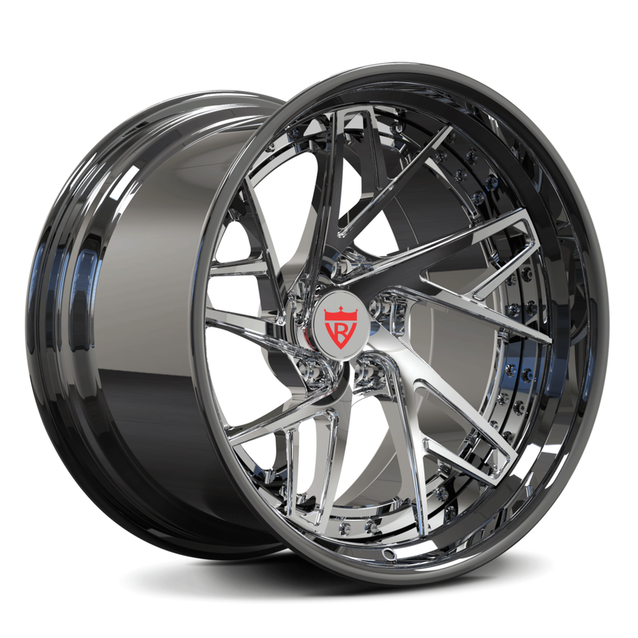 RV-DS74 deep concave black chrome forged wheel showing precision machining and concave spoke depth structure