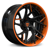 RVRN RV-DS74 custom forged 2-piece concave wheel in orange and black finish designed for Corvette C8 performance applications with lightweight forged construction