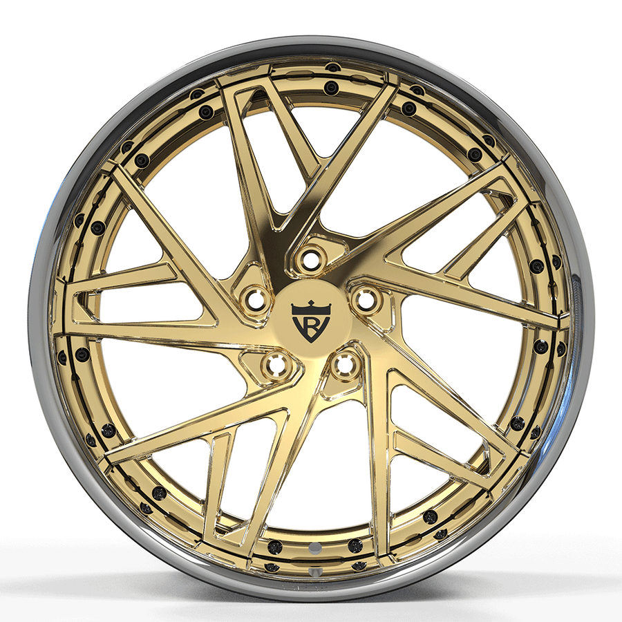 RVRN RV-DS74 2-piece forged deep dish directional wheels for Nissan GT-R R35 in chrome with polished frozen gold, custom performance wheel design
