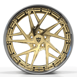 RVRN RV-DS74 2-piece forged deep dish directional wheels for Nissan GT-R R35 in chrome with polished frozen gold, custom performance wheel design