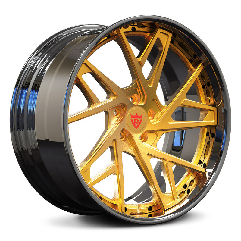 RVRN RV-DS74 forged 2-piece directional wheels for Cadillac CTS with brushed gold spokes and chrome barrel, custom gold rims with deep concave styling and personalized fitment.