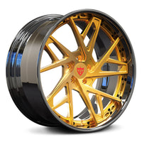 RVRN RV-DS74 forged 2-piece directional wheels for Cadillac CTS with brushed gold spokes and chrome barrel, custom gold rims with deep concave styling and personalized fitment.