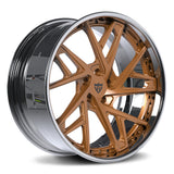 RVRN RV-DS74 Tesla rims featuring directional forged wheel design in chrome and bronze finish, custom lightweight performance wheels for modern EV platforms