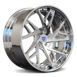Chrome RVRN RV-DS74 Tesla forged wheels featuring aerodynamic directional spokes and custom 2-piece construction for performance-focused EV builds