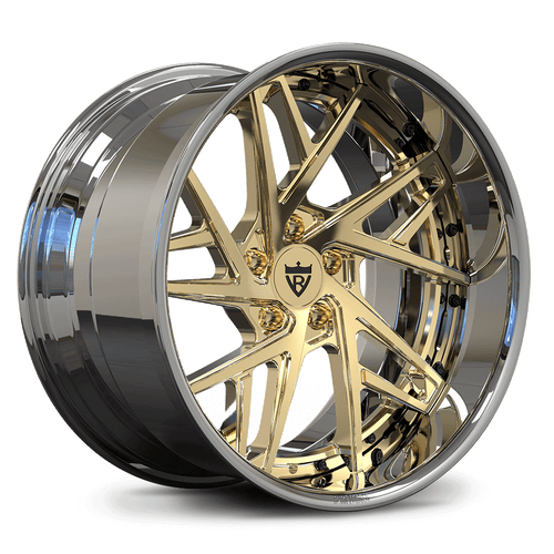 RVRN RV-DS74 forged directional deep dish wheels for Subaru WRX STI S209 in chrome with polished frozen gold, custom JDM styling
