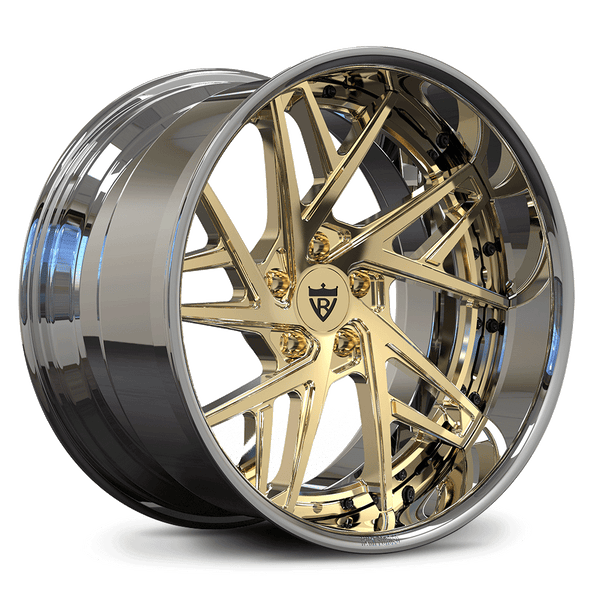 RVRN RV-DS74 forged directional deep dish wheels for Subaru WRX STI S209 in chrome with polished frozen gold, custom JDM styling