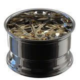 RVRN RV-DS74 forged JDM directional deep dish wheels for Toyota GR Supra A90 A91 in chrome with polished frozen gold, custom fitment and styling